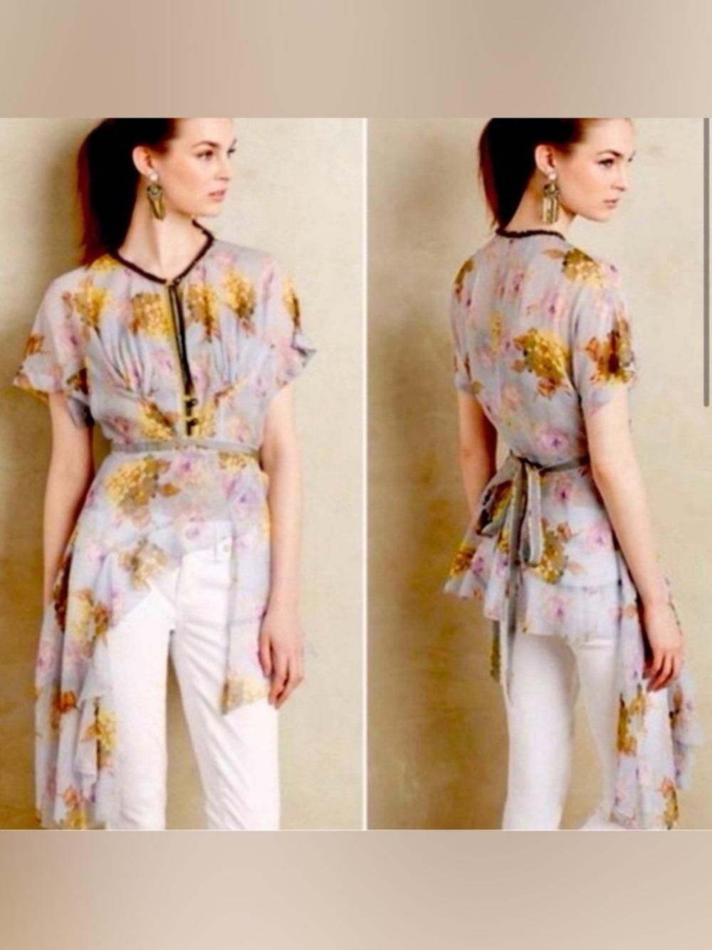 Beguile, Byron Lars Floral sheer blouse. Feminine, flowy, beautiful details EUC